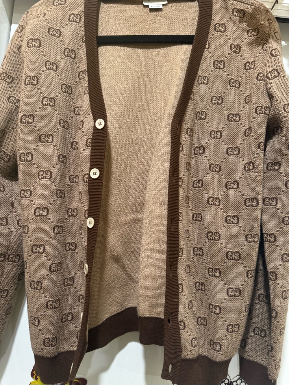 Gucci Beige Cardigan with Brown Trim and GG Motif